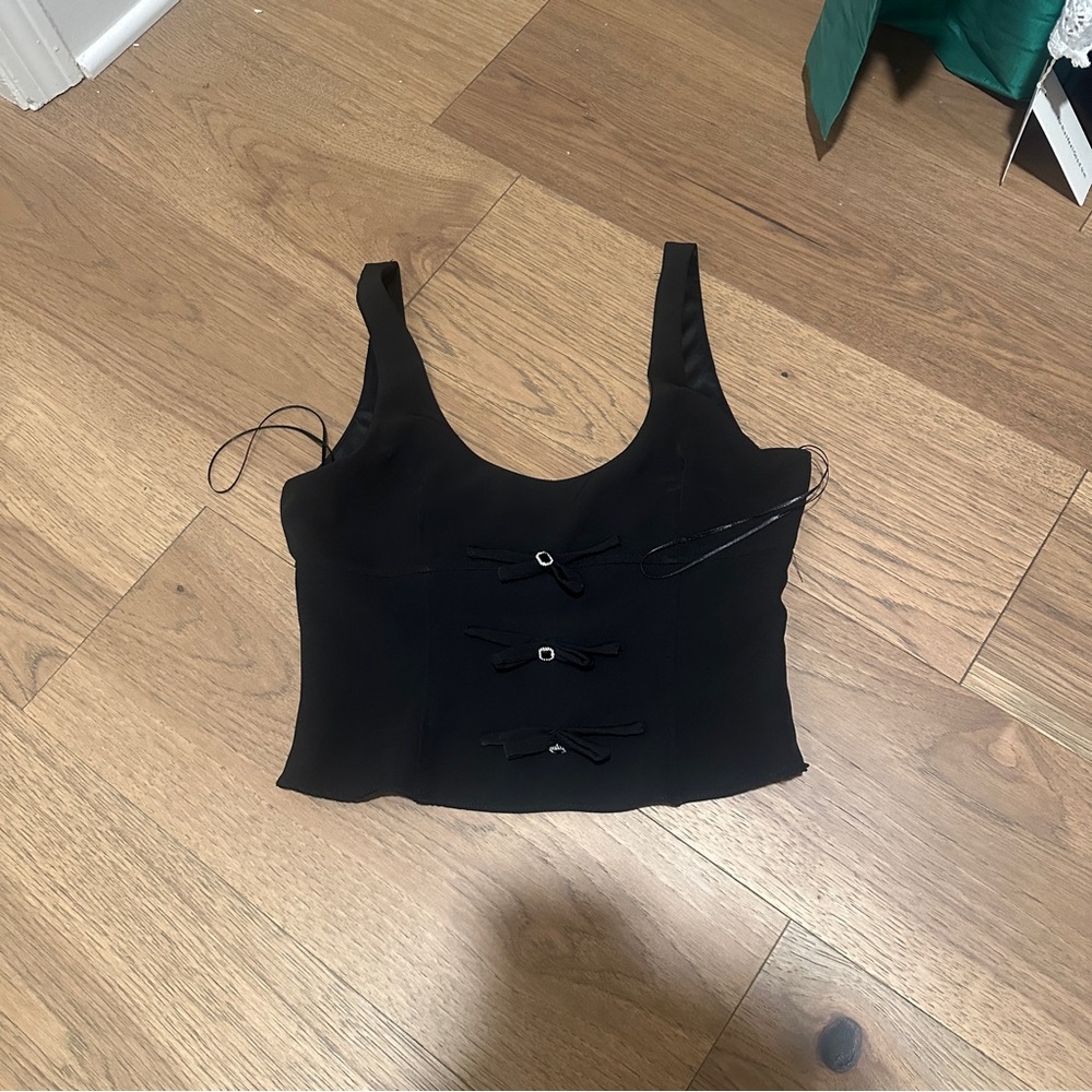 Zara black crop tank top with silver rhinestones embellishment bows S - Picture 2 of 2